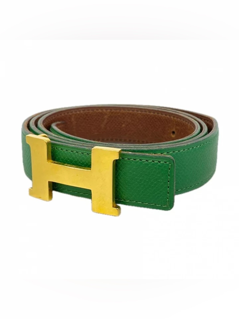 Authentic HERMES green brown reversible Constance gold H belt 80cm